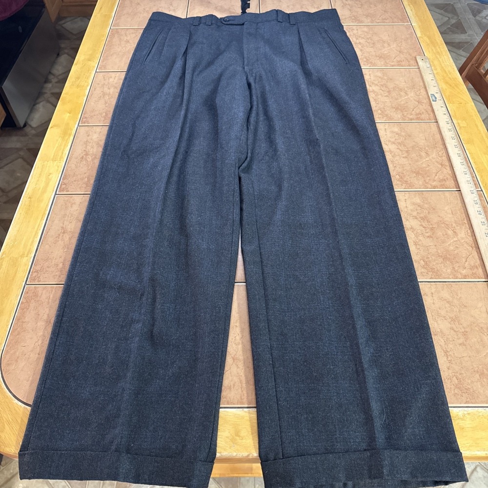 Jack Victor Super Wool Cashmere Flannel Dark Gray Blue Plaid Dress Pants 38 x 33